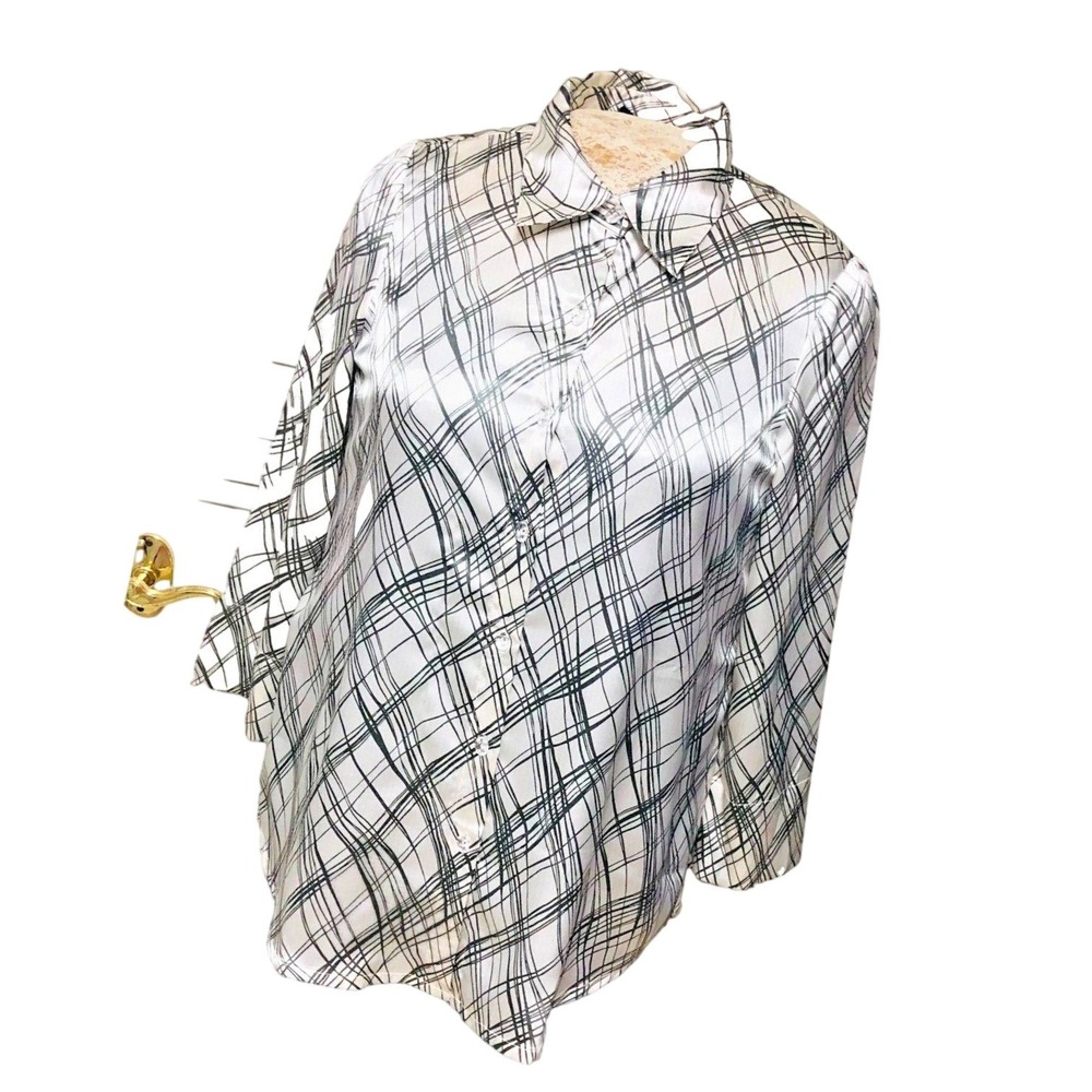 Susan Graver Brown Abstract Satiny Tunic Blouse Oversized Relax Shiny Womens S M